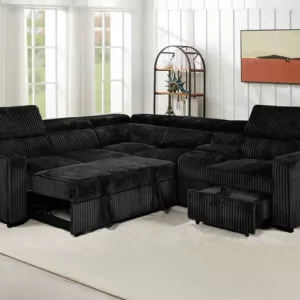 Canapé d'angle convertible / H-8838BLACK Structure en panneau de particules, assise mousse en polyuréthane recouverte de tissus microfibre côtelé épais coloris gris Dimensions : 290x255xH90cm LES + PRODUITS Salon avec plusieurs fonction Confort exceptionnel Tissu microfibre côtelé épais résistant et facile d'entretien 5 têtières réglables Console bar centrale avec coffre de rangement et porte gobelets Porte-gobelet intégré dans les bras du salon Salon convertible transformable en lit sur les assises une place , offrant une flexibilité totale