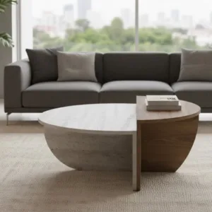 Set table basse ALIX / 19488 Structure de la base et plateau mdf recouvert de papier coloris travertin/ chêne. LES + PRODUIT: Design sculptural et contemporain Table modulable en deux éléments Construction monolithique solide Dimensions : 90x90xH37cm Dimensions : 90x90xH32cm