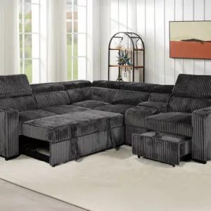 Canapé d'angle convertible / H-8838GREY Structure en panneau de particules, assise mousse en polyuréthane recouverte de tissus microfibre côtelé épais coloris gris Dimensions : 290x255xH90cm LES + PRODUITS Salon avec plusieurs fonction Confort exceptionnel Tissu microfibre côtelé épais résistant et facile d'entretien 5 têtières réglables Console bar centrale avec coffre de rangement et porte gobelets Porte-gobelet intégré dans les bras du salon Salon convertible transformable en lit sur les assises une place , offrant une flexibilité totale