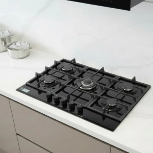 Plaque encastrable NEOLUX 5 feux gaz Grille en Fonte Noir Vitrée JY-G76-506