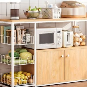 Meuble de rangement cuisine / YA-02 Structure meuble de rangement cuisine en métal blanc et bois MDF chêne haute densité, design moderne et grande capacité pour appareils et ustensiles. Dimensions : 80x30xH100cm LES + PRODUIT: Grande capacité de rangement Style moderne et facile à intégrer Capacité de stockage maximale