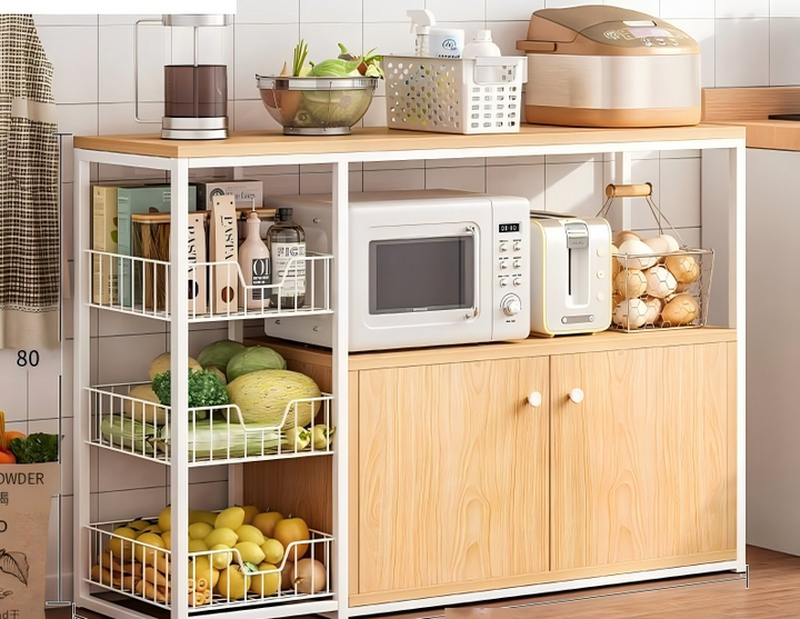 Meuble de rangement cuisine / YA-02 Structure meuble de rangement cuisine en métal blanc et bois MDF chêne haute densité, design moderne et grande capacité pour appareils et ustensiles. Dimensions : 80x30xH100cm LES + PRODUIT: Grande capacité de rangement Style moderne et facile à intégrer Capacité de stockage maximale