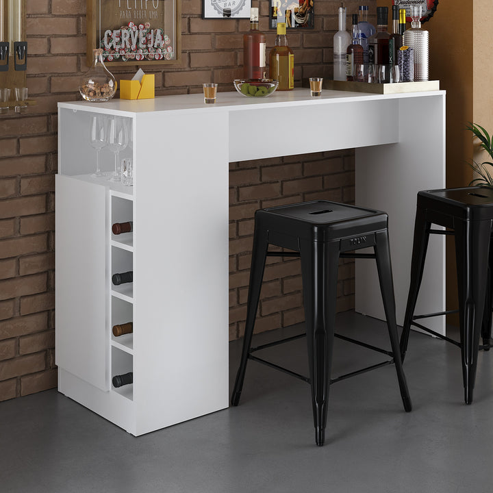 Table bar comptoir / MP1062.0001 Structure en panneau de particules recouvert de papier coloris blanc. LES + PRODUIT: Bar compact, idéal petit espace Design contemporain, lignes droites Plateau large pour repas et apéritifs Range-bouteilles vertical intégré Compartiment ouvert pour verres Table haute utilisable comme coin repas Dimensions : 90x45xH121,5cm