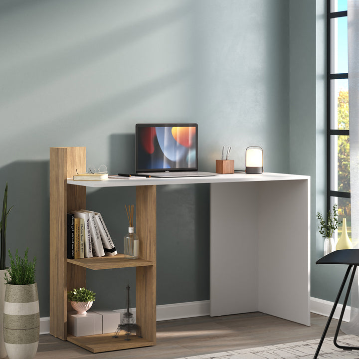 Bureau / MP6002.0001 Structure en panneau de particules coloris blanc / chêne. Dimensions : 121x45xH90cm LES + PRODUIT: Bureau compact, idéal télétravail Design moderne et épuré Association blanc et effet bois Plateau large pour ordinateur et accessoires Étagères latérales intégrées Rangements ouverts pour livres et déco S'intègre facilement dans un petit espace