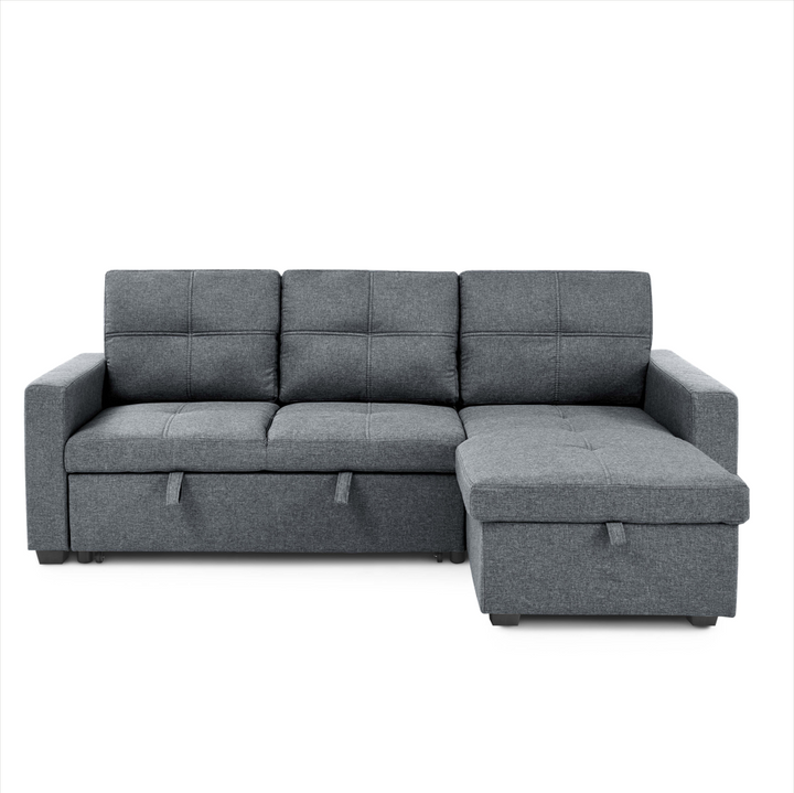 Canapé convertible réversible gris / T-1247G Structure en panneau de particules, assise mousse en polyuréthane recouverte de tissu microfibre Dimensions : 214x133-77xH83cm. LES + PRODUITS : Convertible en lit Grand coffre de rangement Réversible droite et gauche – Image 3