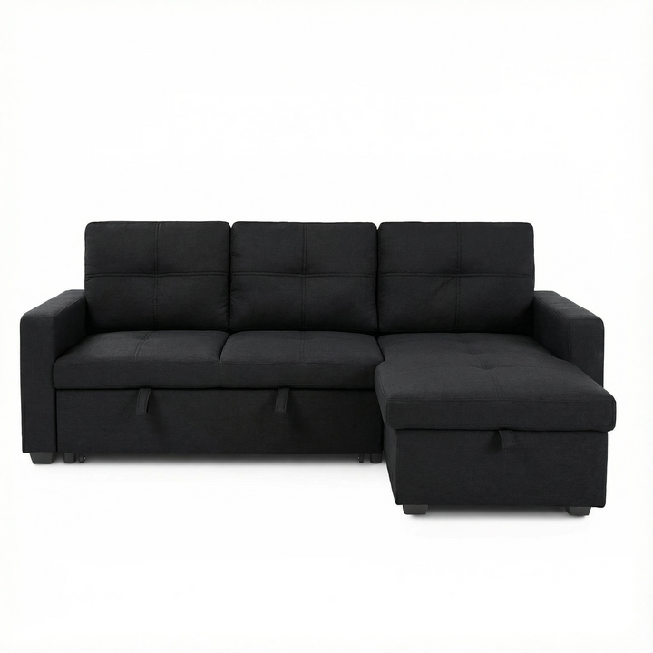 Canapé convertible réversible noir/ T-1247B Structure en panneau de particules, assise mousse en polyuréthane recouverte de tissu microfibre Dimensions : 214x133-77xH83cm. LES + PRODUITS : Convertible en lit Grand coffre de rangement Réversible droite et gauche