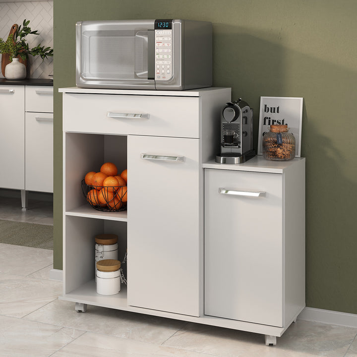 Meuble micro onde / MP2189.0002 Structure en panneau de particules recouvert de papier blanc. Dimensions : 88,5x33xH90cm LES + PRODUIT: Meuble compact, adapté aux petits espaces Finition blanche, facile à associer Plateau supérieur pour micro-ondes Plan latéral pour cafetière ou accessoires 1 tiroir pour ustensiles 2 rangements fermés avec portes Niches ouvertes pour fruits ou bocaux Roulettes pour déplacement facile