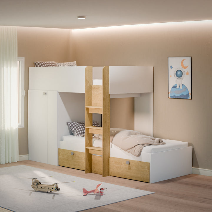 Lit Superposé / 4032.0004 Structure en panneau de particules épais recouvert de papier décor blanc et chêne , vendu AVEC SOMMIER SANS MATELAS. Dimensions: 270x108x157 cm LES + PRODUIT : Lit superposé compact, gain de place 2 couchages superposés, idéal chambre enfant Finition blanc et bois, rendu doux et actuel Échelle centrale intégrée, accès facile Rangements intégrés : Armoire avec portes et 2 tiroirs sous le lit inférieur Espaces pratiques pour vêtements et jouets Barrières de sécurité pour le couchage supérieur