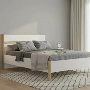 Lit PALMA 140x190cm / 3773.0002 Structure en panneau de particules, recouvert de papier coloris Blanc/ chêne. Lit vendu AVEC SOMMIER, SANS MATELAS. Dimensions: 140×190 cm LES + PRODUIT : Design moderne et épuré Association blanc et bois, facile à intégrer Tête de lit large, bon maintien des coussins Cadre stable avec pieds effet bois Sommier inclus