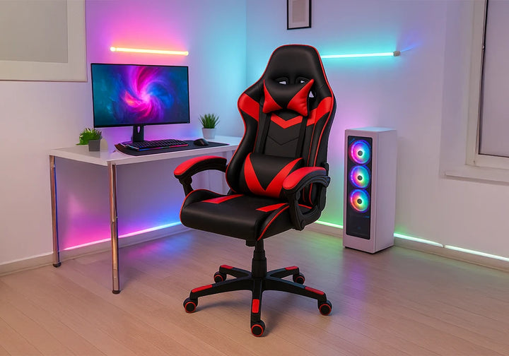 Fauteuil Gaming / DJ-2319 Assise et dossier en pu rouge et noir, piètement en métal noir sur roulettes en nylon, système de réglage en hauteur par pompe a gaz et réglage pour un durcissement de l'inclinaison du dossier. Dimensions : 66x65xH113cm LES + PRODUIT : Design Gaming sport ergonomique rouge et noir Revêtement en PU confortable et facile d'entretien Dossier inclinable avec réglage de résistance Accoudoirs rembourrés pour plus de confort