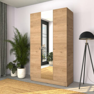 Armoire 3 portes / GRA-730-FF-1 Armoire 3 portes avec 1 miroir - 100% panneau de particules mélaminé - 120x212x52 cm - Poignées avec revêtement en chrome - Côté droit, 1 porte avec 5 sections - Côté gauche, 2 portes avec 1 miroir et 2 sections avec penderie disponible - Design sportif