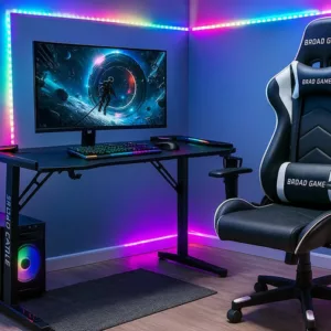Bureau Gaming LED / T-01 RGB Structure en acier coloris noir. Plateau en panneau de particules mélaminé, surface antidérapante, éclairage RGB USB. Dimensions : 120x60xH75cm LES + PRODUIT: Design gamer noir pour un look moderne et dynamique. Structure en acier robuste assurant stabilité et durabilité. Éclairage RGB USB personnalisable pour une ambiance gaming immersive. Support pour casque : Un crochet facilite le rangement de votre casque. Porte-Gobelet : Un emplacement dédié pour vos boissons afin d'éviter tout accident.