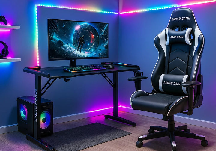 Bureau Gaming LED / T-01 RGB Structure en acier coloris noir. Plateau en panneau de particules mélaminé, surface antidérapante, éclairage RGB USB. Dimensions : 120x60xH75cm LES + PRODUIT: Design gamer noir pour un look moderne et dynamique. Structure en acier robuste assurant stabilité et durabilité. Éclairage RGB USB personnalisable pour une ambiance gaming immersive. Support pour casque : Un crochet facilite le rangement de votre casque. Porte-Gobelet : Un emplacement dédié pour vos boissons afin d'éviter tout accident.