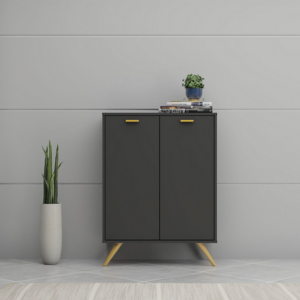 Meuble chaussure SCANDI / LV19 SC19151MP-DG Structure en panneau de particules mélaminé recouverte de papier décor anthracite / noyer. Dimensions : 72x34xH97cm