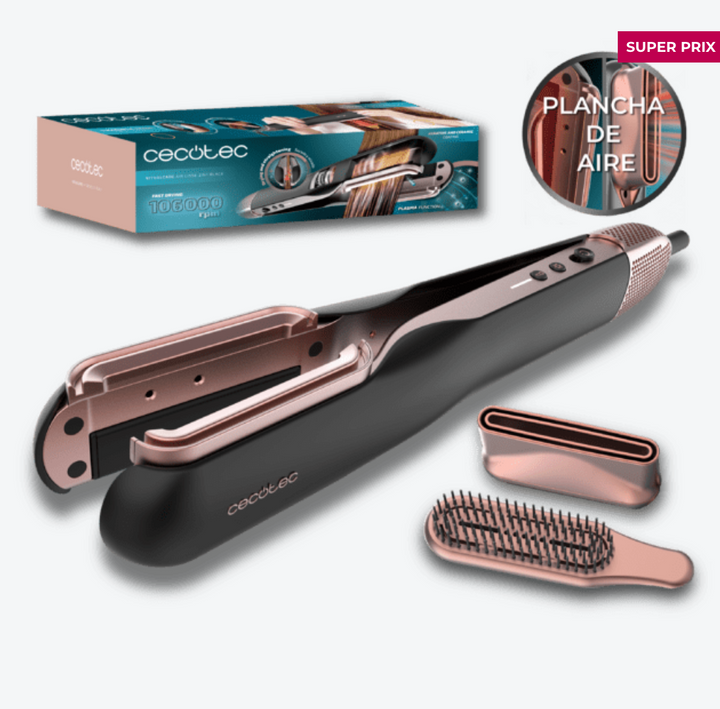 Lisseur séchant avec 2 accessoires : brosse et embout concentrateur / A01_EU01_100158 Lisseur séchant avec 2 accessoires : brosse et embout concentrateur. 106 000 tr/min avec moteur numérique de haute technologie. Séchez et lissez vos cheveux avec ce lisseur séchant qui vous fera gagner du temps. Séchez et lissez vos cheveux avec un seul produit. Ce lisseur séchant est un produit révolutionnaire qui combine les avantages d'un sèche-cheveux et d'un lisseur. Vous pourrez maintenant sécher et lisser vos cheveux humides en même temps, grâce à la puissance de l'air et aux plaques chauffantes. Deux accessoires magnétiques inclus. Cet appareil polyvalent est équipé de deux accessoires magnétiques : une brosse pour lisser les cheveux en douceur pendant le séchage et un embout concentrateur pour éliminer l'humidité des cheveux. Séchage rapide et efficace. Moteur de 106 000 tr/min qui fournit une puissance de 27,78 L/s, ce qui permet d'améliorer l'efficacité du séchage en accélérant l'évaporation de l'humidité. Élimination des frisottis. Ce lisseur est équipé d'une fonction Plasma qui émet 3 millions d'ions négatifs et positifs. Cela permet de réduire les frisottis, d'augmenter la brillance, de protéger les cheveux contre les dommages, d'éliminer l'électricité statique et d'améliorer l'efficacité du lissage, pour des cheveux sains et éclatants. Capteur de détection de verrouillage des plaques. Lorsque vous fermez les plaques, la puissance de l'air augmente automatiquement, ce qui permet un séchage et un lissage plus efficaces. Ce capteur intelligent garantit des résultats rapides et efficaces. Gagnez du temps au quotidien. Simplifiez votre routine avec ce lisseur qui permet de sécher et de lisser vos cheveux en un seul passage. Oubliez les appareils multiples et gagnez du temps chaque jour. Rainure d'air à haute pression. Ce lisseur possède une très fine rainure par laquelle l'air sort à une pression plus élevée. Cela permet un séchage plus rapide et plus précis, garantissant un séchage uniforme et efficace des cheveux. Capteur d'inactivité/veille. Pour plus de sécurité, ce lisseur séchant est doté d'un capteur qui détecte si vous l'avez laissé inactif sur une surface et l'éteint complètement. Ainsi, vous n'aurez pas à vous soucier de rien. Personnalisez votre lissage. Réglez la température des plaques chauffantes avec 3 températures jusqu'à 150 ºC. Choisissez la température qui convient le mieux à votre type de cheveux et au style que vous souhaitez obtenir. Fixez votre coiffure. Prolongez la durée de votre coiffure grâce à la fonction d'air froid, qui permet de la fixer et d'obtenir une finition professionnelle de longue durée. Ainsi, votre style restera intact tout au long de la journée. – Image 7