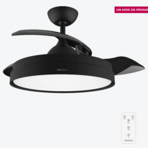 Ventilateur de plafond à 3 pales rétractables / 5993 Ce ventilateur de plafond a été conçu pour créer une unité mixte qui assure un éclairage élégant sans diminuer l'efficacité de la distribution de l'air. Ses pales sont rétractables, ce qui vous permet de les cacher quand vous le souhaitez, contrairement aux autres ventilateurs. Le ventilateur de plafond intègre un plafonnier élégant et minimaliste qui génère une vaste gamme de lumière. Vous pourrez choisir la tonalité parmi ses 3 intensités : chaude, neutre et froide. Grâce à son diamètre de 42 pouces (106 cm) avec les pales dépliées, vous pourrez le placer dans n'importe quelle pièce. Le ventilateur est doté d'un système innovant d'inversion de la rotation qui permet de l'utiliser toute l'année. En été, vous pourrez profiter d'une brise agréable et en hiver, l'air chaud qui s'accumule dans la partie supérieure de la pièce pourra être abaissé. Le meilleur allié de votre chauffage. Grande puissance de 40 W, avec moteur en cuivre au rendement élevé qui augmente le débit d'air et la sensation de fraîcheur avec une fiabilité et une durabilité maximales. Vous pourrez choisir entre ses 6 vitesses de fonctionnement pour adapter l'intensité du débit d'air à vos besoins. Vous pourrez contrôler toutes les fonctions de manière simple et pratique grâce à sa télécommande. Le ventilateur contient une minuterie qui vous permet de sélectionner 1, 2, 4 ou 8 heures de fonctionnement ininterrompu. Une fois le temps sélectionné écoulé, le ventilateur s'arrêtera.