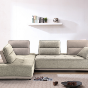 Canapé d'angle bicolore / SF-319 BROWN Structure en panneau de particules, assise mousse en polyuréthane recouverte de tissu bi-ton côtelé 298x197xH88cm. LES + PRODUITS Modulable en lit Design exceptionnel Têtières modulables Salon réversible droit ou gauche Transformable en mode couchage