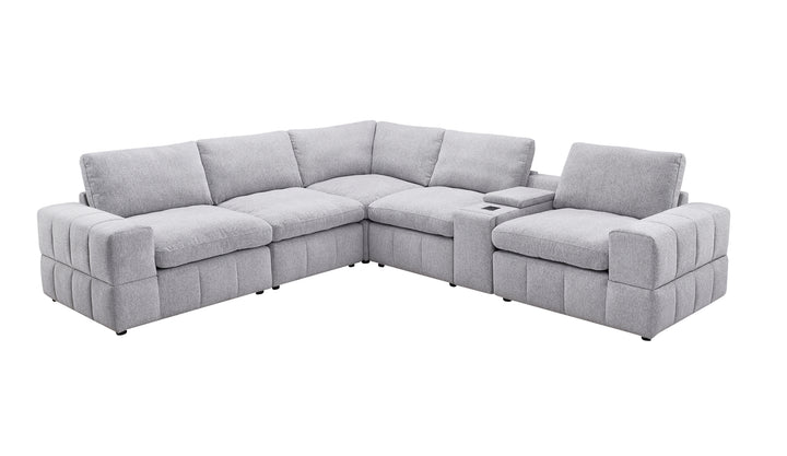 Salon d'Angle Modulable MIOVY / MB-2538 Structure en panneau de particules, assise mousse en polyuréthane recouverte de tissus microfibre gris. Dimensions : 320x288xH83cm LES + PRODUIT: Design moderne et élégant Grande capacité d'assise Configuration d'angle spacieuse Salon modulable selon l'espace Assises confortables et profondes Dossiers bien maintenus Console centrale intégrée Accoudoirs larges et confortables Tissu résistant, usage quotidien Structure stable et durable Idéal pour salon familial et convivialité – Image 3