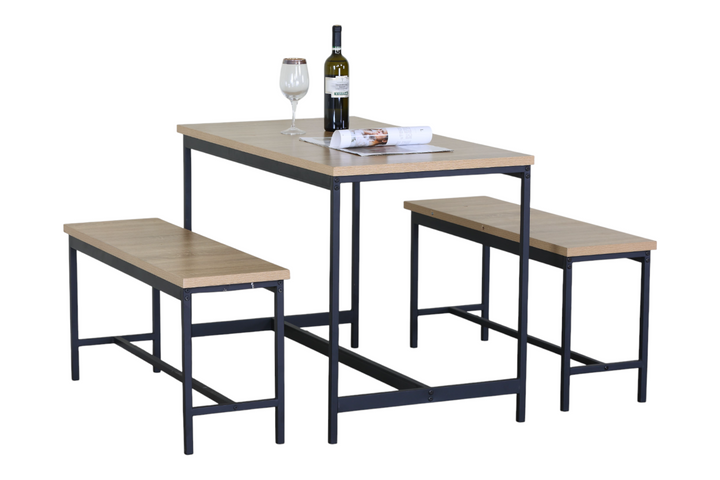 Table avec banc / DK.TC.11117.0004 Ensemble de salle à manger VELLA 110 (1+2 pièces) Table : 110 x 60 x 75 cm Chaises : 98 x 30 x 45 cm Matériaux : Panneaux de particules avec finition mélaminée Pieds : Métal