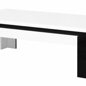 Table basse LINN L4-U11400/HG0001-07-B Dimensions : 125x65xH42cm Côtés et plateaux des éléments en panneau de particules mélaminé, décor blanc laqué polyester blanc finition brillante / noir. Façades en panneau de particules mélaminé, décor blanc laqué polyester blanc finition brillante avec sérigraphie noir sur une partie de la façade.