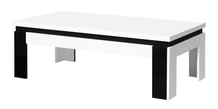 Table basse LINN L4-U11400/HG0001-07-B Dimensions : 125x65xH42cm Côtés et plateaux des éléments en panneau de particules mélaminé, décor blanc laqué polyester blanc finition brillante / noir. Façades en panneau de particules mélaminé, décor blanc laqué polyester blanc finition brillante avec sérigraphie noir sur une partie de la façade.