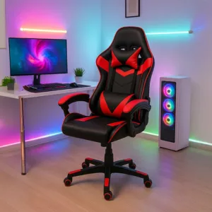 Fauteuil Gaming / DJ-2319 Assise et dossier en pu rouge et noir, piètement en métal noir sur roulettes en nylon, système de réglage en hauteur par pompe a gaz et réglage pour un durcissement de l'inclinaison du dossier. Dimensions : 66x65xH113cm LES + PRODUIT : Design Gaming sport ergonomique rouge et noir Revêtement en PU confortable et facile d'entretien Dossier inclinable avec réglage de résistance Accoudoirs rembourrés pour plus de confort