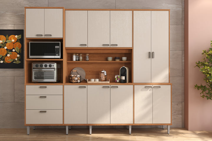 Buffet de cuisine PULSE/ 904202 Dimensions assemblées : 220 cm x 255 cm x 41 cm - Hauteur x Largeur x ProfondeurPoids supporté 80 kg répartis ; Produit MDP/MDF; Peinture sur bois; Tiroirs avec glissières télescopiques; Tiroir avec organiseur de couverts en MDP; Plateau intermédiaire en MDP 25 mm ; – Image 3