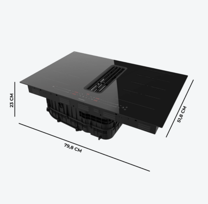 Plaque à induction avec hotte aspirante intégrée / A01_EU01_100088 Plaque à induction avec 2 foyers TotalFlex et hotte aspirante intégrée, puissance maximale de 7400 W, 15 niveaux avec fonction Booster, minuterie, indicateur de chaleur résiduelle, Kid Lock, arrêt automatique de sécurité, aspiration 630 m3/h, 3 vitesses d'aspiration avec fonction Booster, contrôle automatique de la hotte, filtres à charbon, classe A et Touch Slider Control. Plus de polyvalence pour votre cuisine : plaque de cuisson avec hotte aspirante intégrée. 15 niveaux de puissance et fonction Booster : cuisinez au niveau de puissance approprié à chaque moment. TotalFlex Zone : grâce à ses 8 inducteurs, il est possible d'utiliser une grande variété de types et de tailles d'ustensiles et de répartir la chaleur de manière homogène. Profitez de sa puissance maximale de 7400 W pour tout cuisiner. Minuterie : programmez la cuisson pour des résultats parfaits. Indicateur de chaleur résiduelle : voyant qui indique que les foyers sont chauds. Arrêt automatique de sécurité : fonction de sécurité qui éteint automatiquement la plaque lorsqu'elle n'est pas utilisée. Choisissez la puissance qui vous convient : la hotte intégrée à la plaque offre 3 niveaux de puissance pour s'adapter à vos besoins et une fonction Booster qui accélère l'intensité de l'aspiration. Puissance d'aspiration de 630 m3/h : oubliez la fumée grâce à sa puissance d'aspiration élevée de 630 m3/h. Économisez à chaque utilisation : grâce à son étiquette énergétique de classe A, vous économiserez tous le jours. Pas de mauvaises odeurs : elle est équipée de filtres à charbon et de filtres à graisse, idéaux pour éliminer les mauvaises odeurs et la fumée. Touch Slider Control : contrôle et régulateur tactile qui permet de sélectionner la configuration souhaitée avec une grande précision et un confort total. Kid Lock : verrouillage de sécurité des boutons pour empêcher les enfants de manipuler la plaque et la hotte aspirante. Mode de fonctionnement automatique de la hotte : cette fonction permet de combiner automatiquement la puissance de cuisson avec la puissance d'aspiration – Image 9
