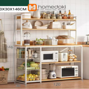 Meuble de Rangement Cuisine + Surmeuble / YA-05 Structure meuble de rangement cuisine en métal blanc / Plateaux en bois MDF chêne haute densité, design moderne et grande capacité pour appareils et ustensiles. Dimensions : 120x30xH146cm LES + PRODUIT: Structure en métal blanc Grande capacité de rangement Style moderne et facile à intégrer Capacité de Stockage Maximale