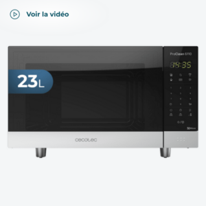Micro-ondes noir ProClean 6010. 800 W, capacité de 23 L/ 1536 Cecotec Micro-ondes noir ProClean 6010 avec revêtement Ready2Clean pour un nettoyage plus facile, Tecnología 3DWave, 800 W, 23 L, design élégant avec finitions en acier inoxydable et 8 programmes prédeterminés. Micro-ondes digital de 23 litres de capacité. Design élégant, couleur noire, avec finitions en acier inoxydable. Intérieur avec revêtement Ready2Clean plus facile à nettoyer puisqu'il repousse la saleté. Technologie 3DWave avec un système d'ondes plus efficace qui enveloppe 100 % les aliments. Panneau de contrôle numérique avec écran LED très facile à utiliser. 8 programmes prédeterminés pour différents aliments. 800 W de puissance sur 5 niveaux. Mode de décongélation par poids qui s'adapte à tous les aliments. Temps de cuisson jusqu'à 100 minutes avec avertissement acoustique de fin de cuisson. Sécurité enfant pour protéger les plus petits. Bouton pour ouvrir la porte. Dimensions : Externe : 47,9 x 36,9 x 27,3 cm Interne : 31,8 x 32,9 x 19,9 cm Diamètre du plateau: 26.3 cm