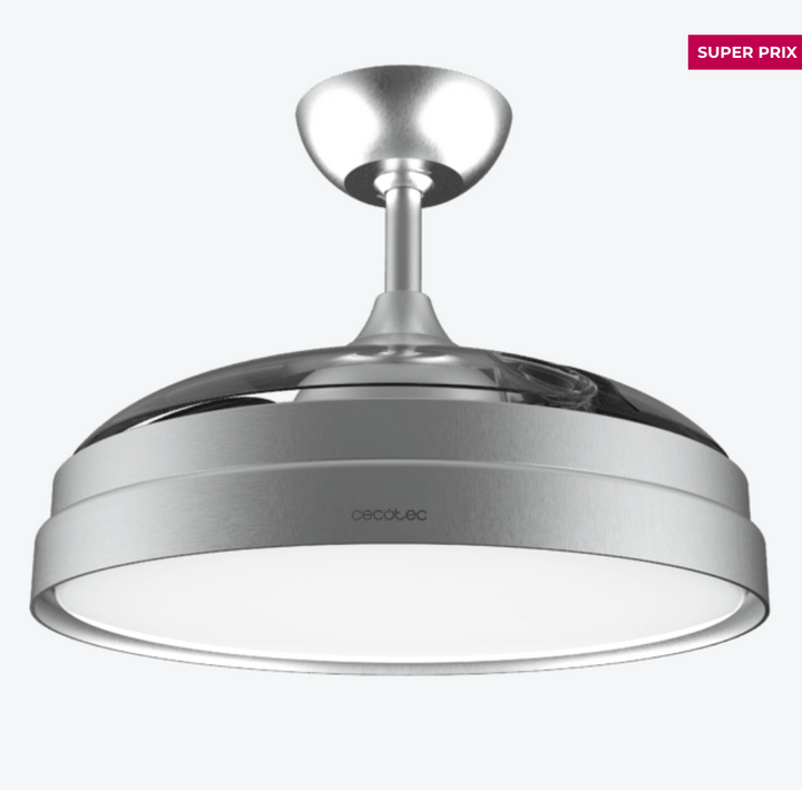 Ventilateur de plafond à 3 pales rétractables / 5994 Ce ventilateur de plafond a été conçu pour créer une unité mixte qui assure un éclairage élégant sans diminuer l'efficacité de la distribution de l'air. Ses pales sont rétractables, ce qui vous permet de les cacher quand vous le souhaitez, contrairement aux autres ventilateurs. Le ventilateur de plafond intègre un plafonnier élégant et minimaliste qui génère une vaste gamme de lumière. Vous pourrez choisir la tonalité parmi ses 3 intensités : chaude, neutre et froide. Grâce à son diamètre de 42 pouces (106 cm) avec les pales dépliées, vous pourrez le placer dans n'importe quelle pièce. Le ventilateur est doté d'un système innovant d'inversion de la rotation qui permet de l'utiliser toute l'année. En été, vous pourrez profiter d'une brise agréable et en hiver, l'air chaud qui s'accumule dans la partie supérieure de la pièce pourra être abaissé. Le meilleur allié de votre chauffage. Grande puissance de 40 W, avec moteur en cuivre au rendement élevé qui augmente le débit d'air et la sensation de fraîcheur avec une fiabilité et une durabilité maximales. Vous pourrez choisir entre ses 6 vitesses de fonctionnement pour adapter l'intensité du débit d'air à vos besoins. Vous pourrez contrôler toutes les fonctions de manière simple et pratique grâce à sa télécommande. Le ventilateur contient une minuterie qui vous permet de sélectionner 1, 2, 4 ou 8 heures de fonctionnement ininterrompu. Une fois le temps sélectionné écoulé, le ventilateur s'arrêtera. – Image 5