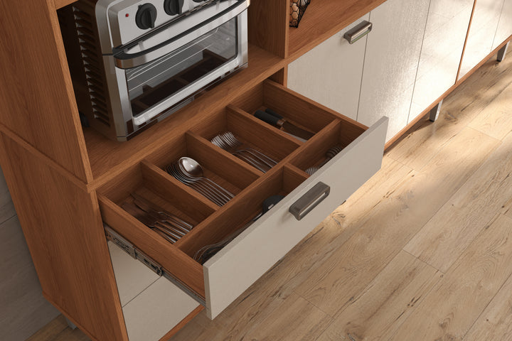 Buffet de cuisine PULSE/ 904202 Dimensions assemblées : 220 cm x 255 cm x 41 cm - Hauteur x Largeur x ProfondeurPoids supporté 80 kg répartis ; Produit MDP/MDF; Peinture sur bois; Tiroirs avec glissières télescopiques; Tiroir avec organiseur de couverts en MDP; Plateau intermédiaire en MDP 25 mm ; – Image 4