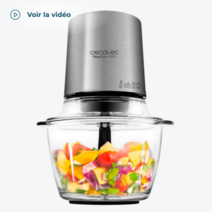 hachoir électrique TitanGlass 1000. Multifonction (pile, broie, pulvérise, coupe) / 3043 Hachoir électrique pour viande et légumes. Il pile la glace. Lames démontables avec revêtement titane. Système ControlSpeed. Bol en verre avec 1 l de capacité. Il convient pour un nettoyage au lave-vaisselle. Cecotec TitanGlass 1000. Bol-hachoir électrique compact pour tous types d'aliments. Unité principale en acier inoxydable. Bol en verre de haute qualité. 1 L de capacité. Lames avec revêtement en titane qui améliore la dureté et maintient l'affûtage plus longtemps. Lames démontables. Possibilité de les utiliser avec 2 ou 4 feuilles ajustables en hauteur. Il rend vos aliments pilés et pulvérise la glace en quelques secondes. 400 W de puissance. Système ControlSpeed : régule la vitesse selon la pression avec laquelle vous appuyez sur le bouton. Pièces non électriques qui conviennent pour un nettoyage au lave-vaisselle. Facile à démonter et à nettoyer. Base antidérapante et espace range-câbles.