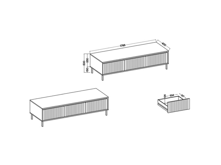Meuble TV OSAKA EVOKE DIMENSIONS : Largeur : 178,6 cm Hauteur : 50 cm Profondeur : 40 cm COULEURS : Corps : Beige sable Façade : Beige sable Pieds : Noir mat Insert : Noir mat MATÉRIAU : Corps : Panneau stratifié 16 mm Façade : MDF 16 mm Pieds : Métal INFORMATIONS COMPLÉMENTAIRES : Pieds en métal Pieds en métal, hauteur : 15 cm 3 tiroirs Coulisses : Roulements à billes Ouverture par poignée Bords protégés par un chant ABS Façades fraisées Fabriqué en Pologne Construction solide et durable Design intemporel – Image 5