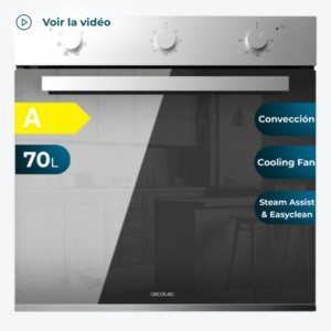 Four encastrable multifonction 70 L / 4728 GRANDE CAPACITÉ : Cuisine pour toute la famille avec sa grande capacité de 70 litres et ses 5 positions de plateaux. 6 fonctions : choisissez entre ses fonctions Dégivrage, Conventionnel, Chaleur de sole, Convection, Convection + Gril et Mode Eco et utilisez celle qui correspond le mieux à vos besoins. Cooling Fan : système de ventilation d'air pour un refroidissement optimal du four pendant et après la cuisson. Minuteur : programmez votre cuisson selon le temps dont vous avez besoin, en évitant de brûler et en obtenant la cuisson souhaitée. Steam Base XXL : Zone Steam XXL jusqu'à 0,8 L pour l'utilisation des fonctions Steam EasyClean et Steam Assist. Steam Assist : Préparez vos plats avec cette fonction, en combinant la cuisson avec la vapeur pour que vos recettes soient croustillantes à l'extérieur et juteuses à l'intérieur. Steam EasyClean : la vapeur élimine les saletés et permet un meilleur nettoyage, sans aucune difficulté. Porte triple verre : porte froide avec 3 verres qui nous évite de nous brûler en touchant le verre extérieur et évite les pertes de chaleur. Classe énergétique A : économisez à chaque utilisation et réduisez la consommation d'énergie sans réduire l'efficacité lors de la cuisson de vos recettes. Puissance 2800 W : préparez tous types de recettes grâce à son énorme puissance.