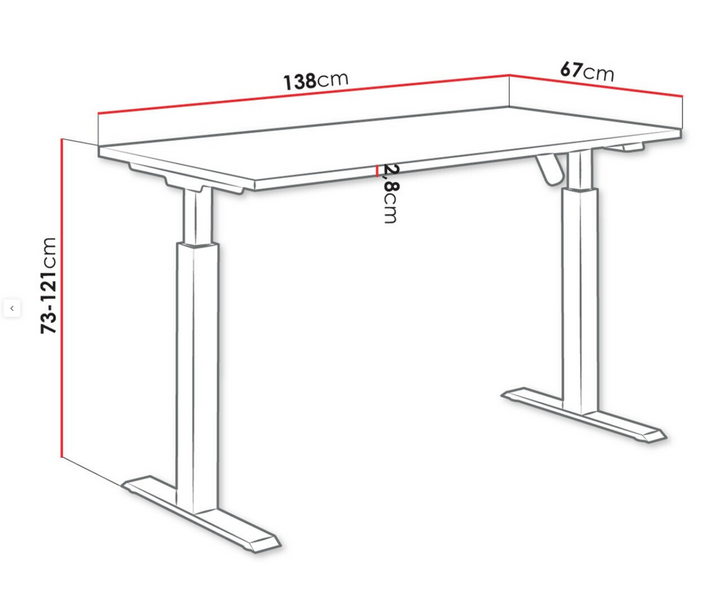 Bureau réglable en hauteur électrique / MALTA.BURKO.REG.AR Table de travail réglable en hauteur Tucson 171, Réglable en hauteur, Électrique, 73x138x67cm, Chêne Artisan, Noir mat Caractéristiques Largeur: 138 cm Origine: Union européenne Hauteur: 73 cm Profondeur: 67 cm Poids: 34.3 kg Matière principale: Stratifié Matière principale: Métal Hauteur maximale: 121 cm Type de table de travail: Réglable en hauteur Type de table de travail: Électrique L'épaisseur du plan de travail: 0.28 cm La tension: 100-240V Autre(s) matière(s): ABS Couleur: Noir mat Couleur: Chêne Artisan – Image 3