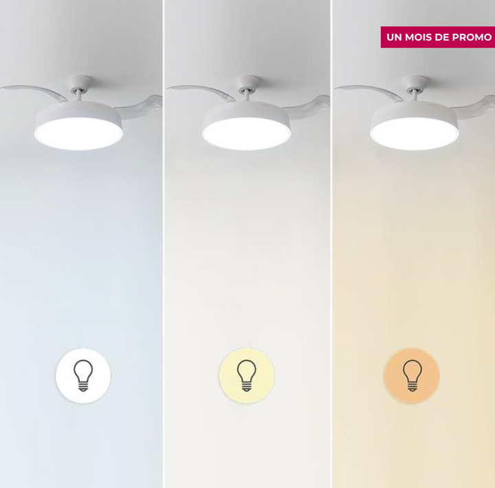 Ventilateur de plafond à 3 pales rétractables / 5992 Ce ventilateur de plafond a été conçu pour créer une unité mixte qui assure un éclairage élégant sans diminuer l'efficacité de la distribution de l'air. Ses pales sont rétractables, ce qui vous permet de les cacher quand vous le souhaitez, contrairement aux autres ventilateurs. Le ventilateur de plafond intègre un plafonnier élégant et minimaliste qui génère une vaste gamme de lumière. Vous pourrez choisir la tonalité parmi ses 3 intensités : chaude, neutre et froide. Grâce à son diamètre de 42 pouces (106 cm) avec les pales dépliées, vous pourrez le placer dans n'importe quelle pièce. Le ventilateur est doté d'un système innovant d'inversion de la rotation qui permet de l'utiliser toute l'année. En été, vous pourrez profiter d'une brise agréable et en hiver, l'air chaud qui s'accumule dans la partie supérieure de la pièce pourra être abaissé. Le meilleur allié de votre chauffage. Grande puissance de 40 W, avec moteur en cuivre au rendement élevé qui augmente le débit d'air et la sensation de fraîcheur avec une fiabilité et une durabilité maximales. Vous pourrez choisir entre ses 6 vitesses de fonctionnement pour adapter l'intensité du débit d'air à vos besoins. Vous pourrez contrôler toutes les fonctions de manière simple et pratique grâce à sa télécommande. Le ventilateur contient une minuterie qui vous permet de sélectionner 1, 2, 4 ou 8 heures de fonctionnement ininterrompu. Une fois le temps sélectionné écoulé, le ventilateur s'arrêtera. – Image 3