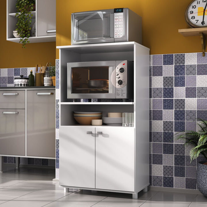 Meuble micro onde / 6148G.0001 Structure en panneau de particules recouvert de papier blanc. Dimensions : 62x42xH113cm LES + PRODUIT : Format compact, facile à placer Finition blanche Plateau supérieur pour petit électroménager Niche ouverte adaptée au micro-ondes Étagère basse pour tasses et accessoires Rangement bas avec deux portes