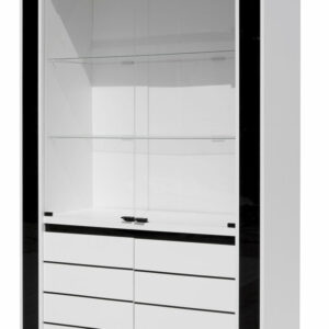 Vitrine LINN L4-U11400/HG0001-01-B Dimensions : 120 x 185 x 45 cm Côtés et plateaux des éléments en panneau de particules mélaminé décor blanc laqué polyester blanc finition brillante / noir. Façades en panneau de particules mélaminé décor blanc laqué polyester blanc finition brillante avec sérigraphie noir sur une partie de la façade.