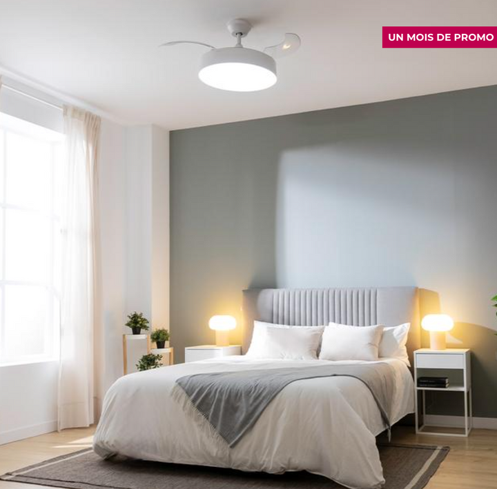 Ventilateur de plafond à 3 pales rétractables / 5992 Ce ventilateur de plafond a été conçu pour créer une unité mixte qui assure un éclairage élégant sans diminuer l'efficacité de la distribution de l'air. Ses pales sont rétractables, ce qui vous permet de les cacher quand vous le souhaitez, contrairement aux autres ventilateurs. Le ventilateur de plafond intègre un plafonnier élégant et minimaliste qui génère une vaste gamme de lumière. Vous pourrez choisir la tonalité parmi ses 3 intensités : chaude, neutre et froide. Grâce à son diamètre de 42 pouces (106 cm) avec les pales dépliées, vous pourrez le placer dans n'importe quelle pièce. Le ventilateur est doté d'un système innovant d'inversion de la rotation qui permet de l'utiliser toute l'année. En été, vous pourrez profiter d'une brise agréable et en hiver, l'air chaud qui s'accumule dans la partie supérieure de la pièce pourra être abaissé. Le meilleur allié de votre chauffage. Grande puissance de 40 W, avec moteur en cuivre au rendement élevé qui augmente le débit d'air et la sensation de fraîcheur avec une fiabilité et une durabilité maximales. Vous pourrez choisir entre ses 6 vitesses de fonctionnement pour adapter l'intensité du débit d'air à vos besoins. Vous pourrez contrôler toutes les fonctions de manière simple et pratique grâce à sa télécommande. Le ventilateur contient une minuterie qui vous permet de sélectionner 1, 2, 4 ou 8 heures de fonctionnement ininterrompu. Une fois le temps sélectionné écoulé, le ventilateur s'arrêtera. – Image 4