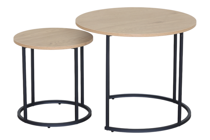 Table basse / SF.CT.12812.0003 TABLE BASSE NANCYFUL Grande : Diamètre : 60 x Hauteur : 50 cm Petite : Diamètre : 40 x Hauteur : 41,5 cm Matériaux : MDF avec finition mélaminée Pieds : Métal