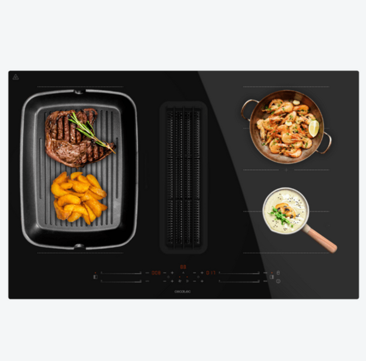 Plaque à induction avec hotte aspirante intégrée / A01_EU01_100088 Plaque à induction avec 2 foyers TotalFlex et hotte aspirante intégrée, puissance maximale de 7400 W, 15 niveaux avec fonction Booster, minuterie, indicateur de chaleur résiduelle, Kid Lock, arrêt automatique de sécurité, aspiration 630 m3/h, 3 vitesses d'aspiration avec fonction Booster, contrôle automatique de la hotte, filtres à charbon, classe A et Touch Slider Control. Plus de polyvalence pour votre cuisine : plaque de cuisson avec hotte aspirante intégrée. 15 niveaux de puissance et fonction Booster : cuisinez au niveau de puissance approprié à chaque moment. TotalFlex Zone : grâce à ses 8 inducteurs, il est possible d'utiliser une grande variété de types et de tailles d'ustensiles et de répartir la chaleur de manière homogène. Profitez de sa puissance maximale de 7400 W pour tout cuisiner. Minuterie : programmez la cuisson pour des résultats parfaits. Indicateur de chaleur résiduelle : voyant qui indique que les foyers sont chauds. Arrêt automatique de sécurité : fonction de sécurité qui éteint automatiquement la plaque lorsqu'elle n'est pas utilisée. Choisissez la puissance qui vous convient : la hotte intégrée à la plaque offre 3 niveaux de puissance pour s'adapter à vos besoins et une fonction Booster qui accélère l'intensité de l'aspiration. Puissance d'aspiration de 630 m3/h : oubliez la fumée grâce à sa puissance d'aspiration élevée de 630 m3/h. Économisez à chaque utilisation : grâce à son étiquette énergétique de classe A, vous économiserez tous le jours. Pas de mauvaises odeurs : elle est équipée de filtres à charbon et de filtres à graisse, idéaux pour éliminer les mauvaises odeurs et la fumée. Touch Slider Control : contrôle et régulateur tactile qui permet de sélectionner la configuration souhaitée avec une grande précision et un confort total. Kid Lock : verrouillage de sécurité des boutons pour empêcher les enfants de manipuler la plaque et la hotte aspirante. Mode de fonctionnement automatique de la hotte : cette fonction permet de combiner automatiquement la puissance de cuisson avec la puissance d'aspiration – Image 8