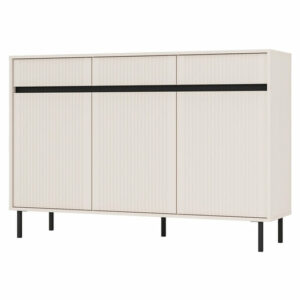 Buffet OSAKA BEIGE Commode trois portes avec trois tiroirsFaçades nervuréesFaçades en Panneau composite de fibres de bois à densité (beige sable) et en panneau mélaminé (noir)Corps en panneau mélaminéPanneau arrière en HDFPoignées fraisées en noirGlissières à billes pour tiroirsBordures ABSPieds métalliques hautsCouleur des pieds: noirDimensions: Hauteur 100 cm, Largeur 148,6 cm, Profondeur 40 cmHauteur des pieds : 15 cmCorps : panneau mélaminé, finition mateFaçades : panneau mélaminé, finition matePieds : métal, couleur noire