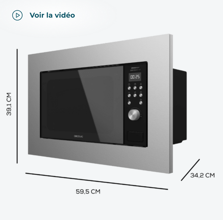 Micro-ondes encastrable GrandHeat 2000 Built-In Steel Black / 1380 Description Micro-ondes encastrable numérique avec 20 L de capacité, gril et 700 W de puissance. Micro-ondes encastrable numérique avec 20 L de capacité. 700 W de puissance sur 6 niveaux. Combinez les fonctions du micro-ondes et du gril. Gril avec 900 W de puissance pour obtenir des résultats de cuisson parfaits, rapidement et facilement. Il possède 9 fonctions préconfigurées pour que vous puissiez cuisiner facilement plusieurs types d'aliments : lait/café, pâtes, viande, pommes de terre, poisson, brochettes et réchauffement automatique. Mode de décongélation qui s'adapte au poids pour permettre aux aliments d'être décongelés rapidement et uniformément, tout en conservant leur texture et leur fraîcheur d'origine. Quick Start : démarrage rapide et à pleine puissance pendant le temps fixé. Démarrage automatique. Programmez-le pour qu'il commence à réchauffer avec un programme déterminé, à une heure fixée. Minuterie jusqu'à 95 minutes. Intérieur avec revêtement en acier inoxydable qui assure un nettoyage facile. Plateau tournant avec 24,4 cm de diamètre. Panneau de contrôle avec des boutons et une commande giratoire. Design élégant en noir. Il s'adapte à toutes les cuisines. Appuyez sur un seul bouton pour ouvrir la porte facilement. Sécurité enfants pour un usage sécurisé. Mesures(longueur x largeur x Haut):interne: 29,5 x 28,5 x 18,1 cm, externe: 44.8 x 32.6 x 27.4 cm et externe avec cadre: 59,5 x 34,2 x 39,1 cm – Image 3