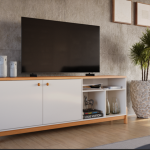 Meuble TV SUNNY / 904277 Plateau MDP 25mm : résistance et maintien pour votre TV et votre décoration ; Espace central pour l'électronique : praticité et organisation dans votre pièce ; Poignées ABS : finition moderne et fonctionnalité au quotidien ; Portes avec charnières à mouvement lent : fermeture douce et silencieuse ; Pieds en bois massif : charme naturel et structure renforcée. Dimensions Hauteur : 69,5 cm Largeur : 183 cm Profondeur : 38,5 cm