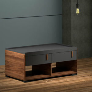 Table basse 2 tiroirs COLUMBIA / BR3 CFT314MP-CLB/DG Structure en panneau de particules mélaminé recouverte de papier décor noyer /anthracite. Dimensions : 110x57xH45cm