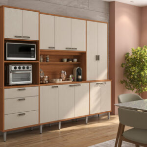 Buffet de cuisine PULSE/ 904202 Dimensions assemblées : 220 cm x 255 cm x 41 cm - Hauteur x Largeur x ProfondeurPoids supporté 80 kg répartis ; Produit MDP/MDF; Peinture sur bois; Tiroirs avec glissières télescopiques; Tiroir avec organiseur de couverts en MDP; Plateau intermédiaire en MDP 25 mm ;