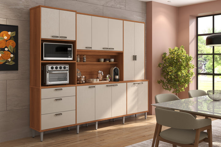 Buffet de cuisine PULSE/ 904202 Dimensions assemblées : 220 cm x 255 cm x 41 cm - Hauteur x Largeur x ProfondeurPoids supporté 80 kg répartis ; Produit MDP/MDF; Peinture sur bois; Tiroirs avec glissières télescopiques; Tiroir avec organiseur de couverts en MDP; Plateau intermédiaire en MDP 25 mm ;