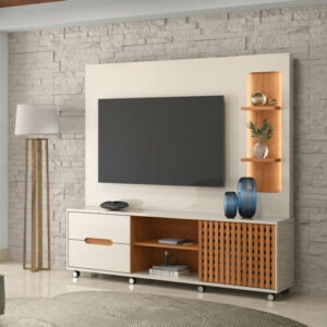 Meuble TV BRISE / 904275 Dimensions: Hauteur : 198 cm Largeur : 207 cm Profondeur : 38,40 cm Matériaux et structure : Espace pour téléviseur jusqu'à 70 pouces Plateaux et étagères en MDP/MDF de 25 mm, garantissant résistance et durabilité Lumières LED intégrées dans la niche latérale pour un effet moderne 3 étagères 2 tiroirs avec glissières télescopiques et espaces de rangement intérieurs 1 Porte coulissante, modèle à lattes Roulettes chromées