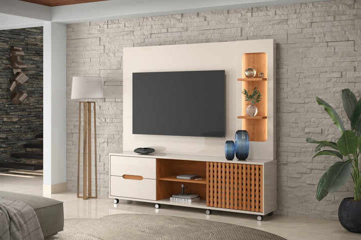 Meuble TV BRISE / 904275 Dimensions: Hauteur : 198 cm Largeur : 207 cm Profondeur : 38,40 cm Matériaux et structure : Espace pour téléviseur jusqu'à 70 pouces Plateaux et étagères en MDP/MDF de 25 mm, garantissant résistance et durabilité Lumières LED intégrées dans la niche latérale pour un effet moderne 3 étagères 2 tiroirs avec glissières télescopiques et espaces de rangement intérieurs 1 Porte coulissante, modèle à lattes Roulettes chromées